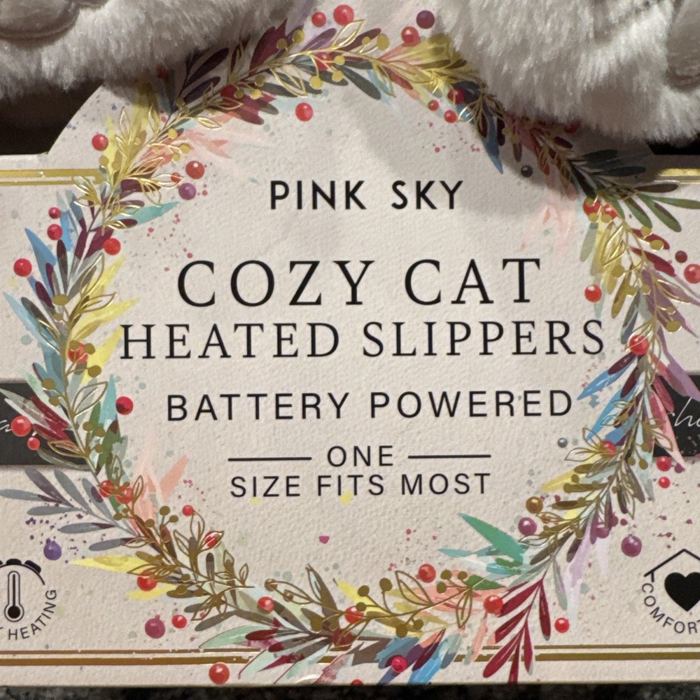 Pink Sky Cozy Cat Heated Slippers Battery Powered White New In Box - Picture 8 of 8